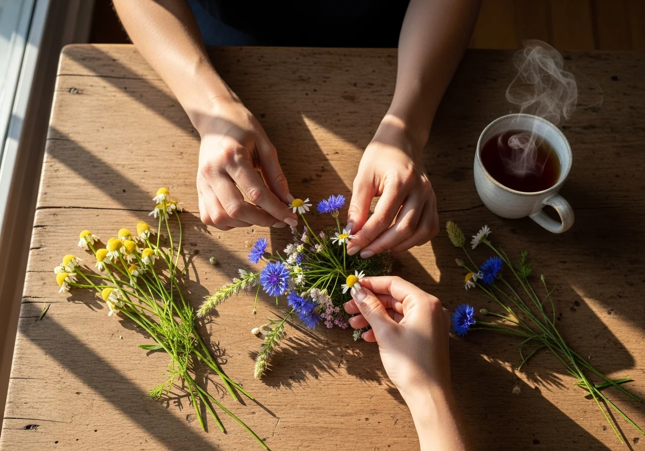 Hände ordnen behutsam Wildblumen auf einer hölzernen Fläche im warmen Licht