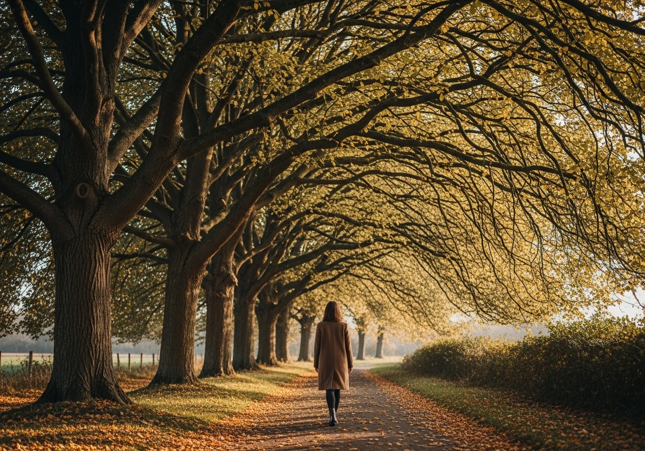 Frau geht einen ruhigen Weg entlang, gesäumt von Bäumen im Herbstlicht